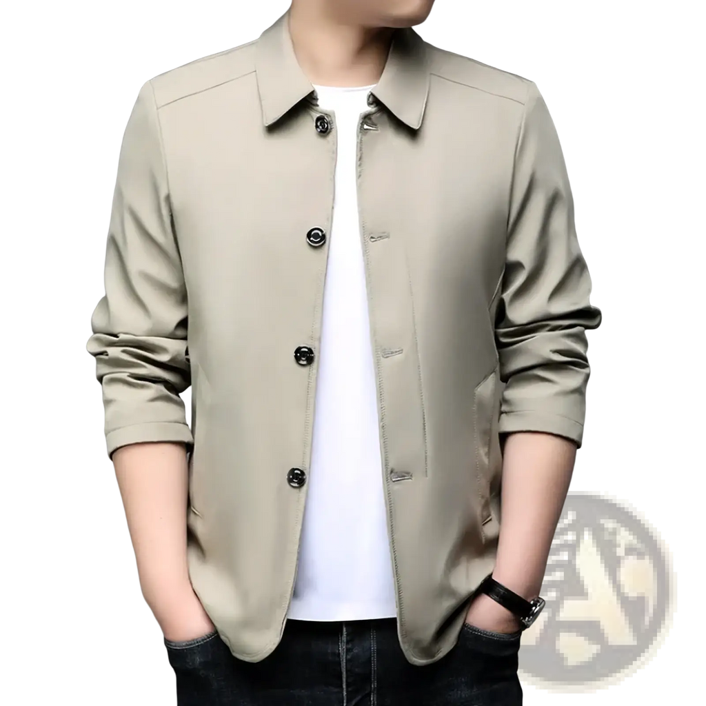 Men slim casual beige button-up jacket with black buttons and rolled sleeves solid single breasted trench coat