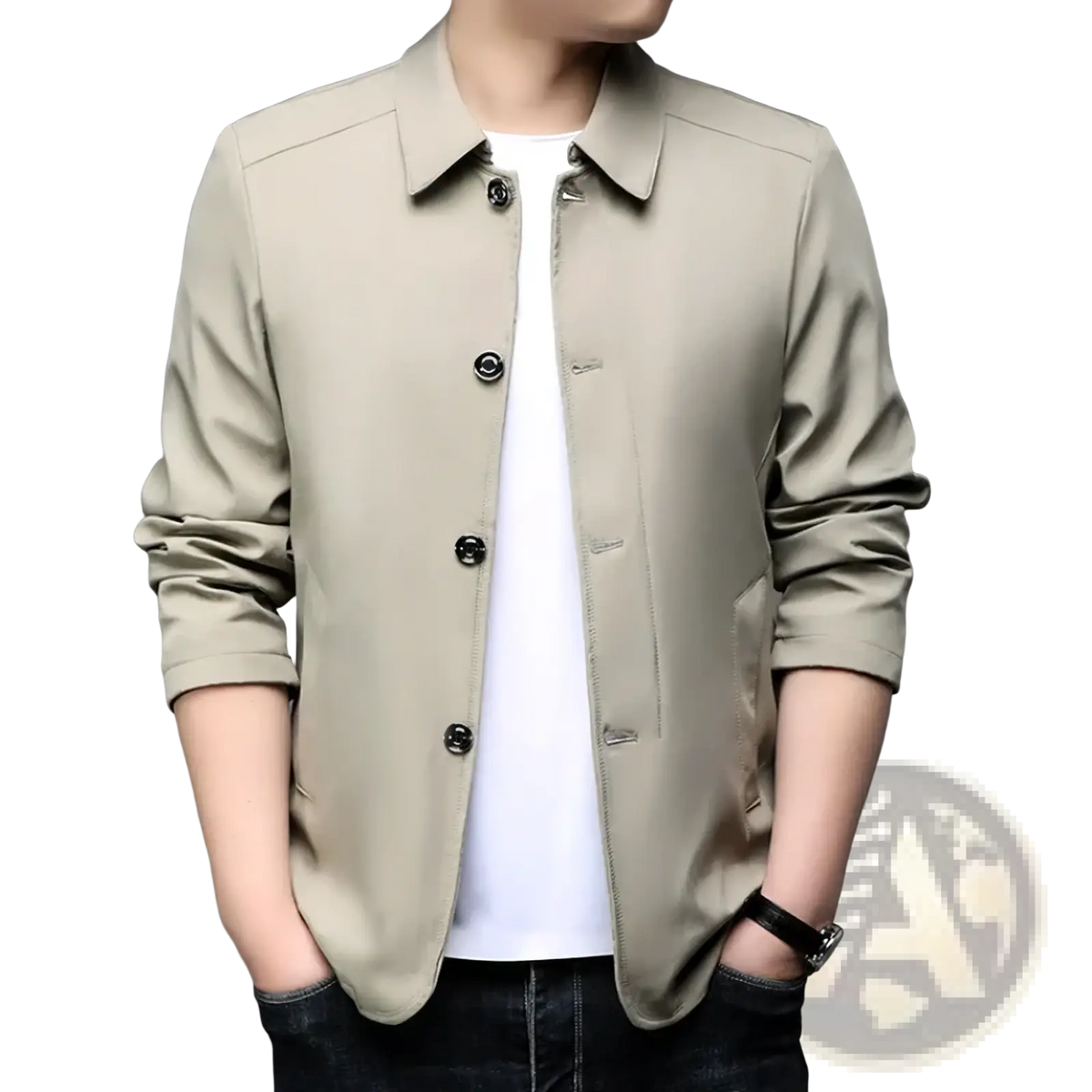 Men slim casual beige button-up jacket with black buttons and rolled sleeves solid single breasted trench coat