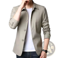 Men slim casual beige long-sleeved button-up shirt with classic collar and three-button front for versatile wear
