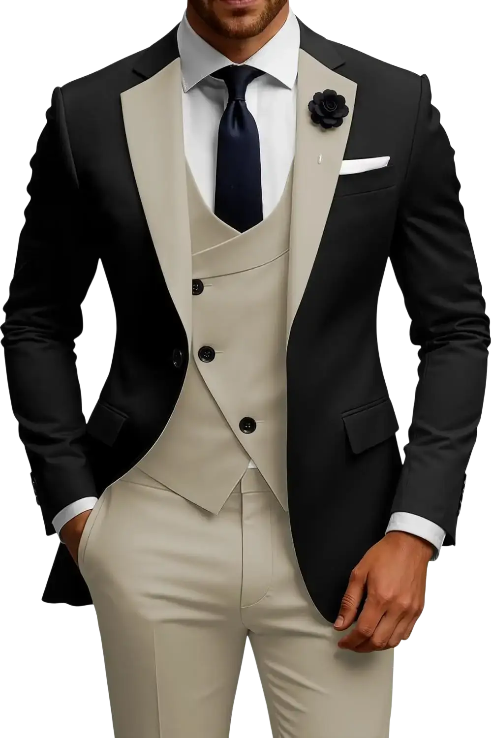 Men slim fit black and beige three-piece double breasted suit set with notched lapels matching vest and tailored trousers
