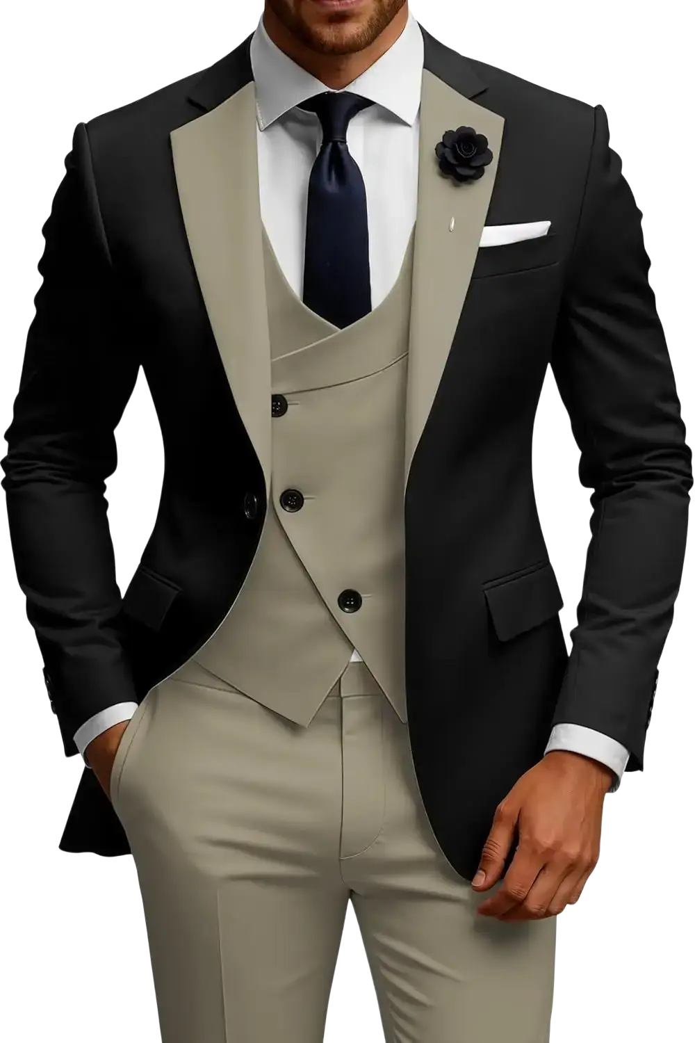 Men slim fit three piece double breasted suit set in black and beige with notched lapels tailored trousers and vest