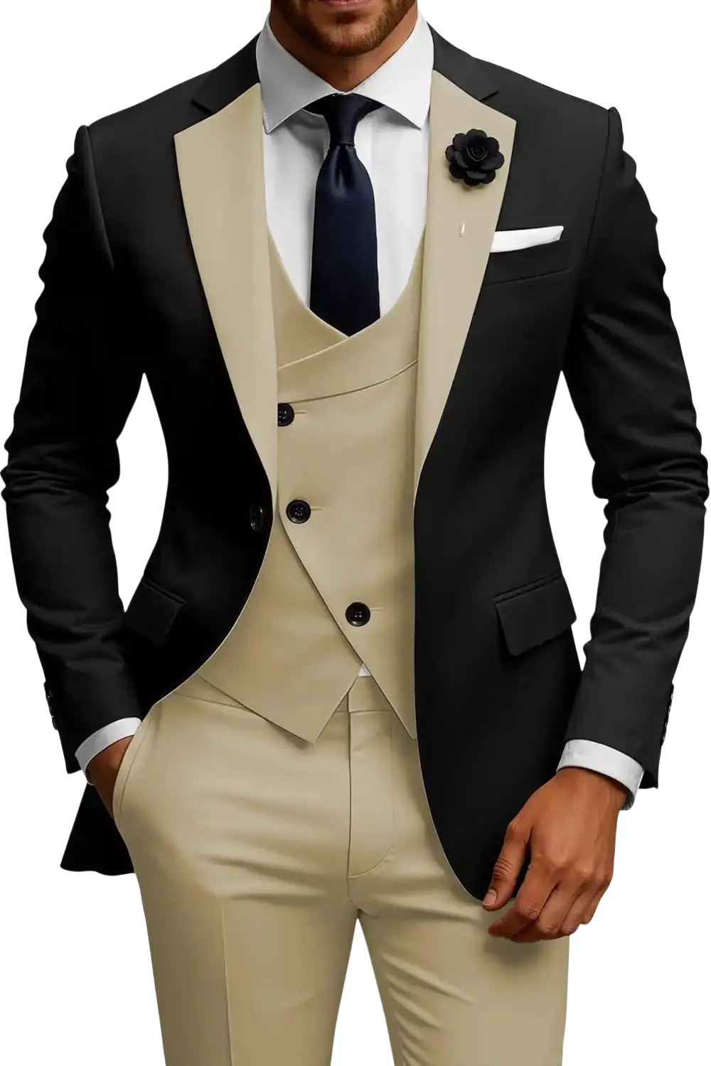 Men slim fit black and beige three-piece double breasted suit set with notched lapel jacket vest and trousers