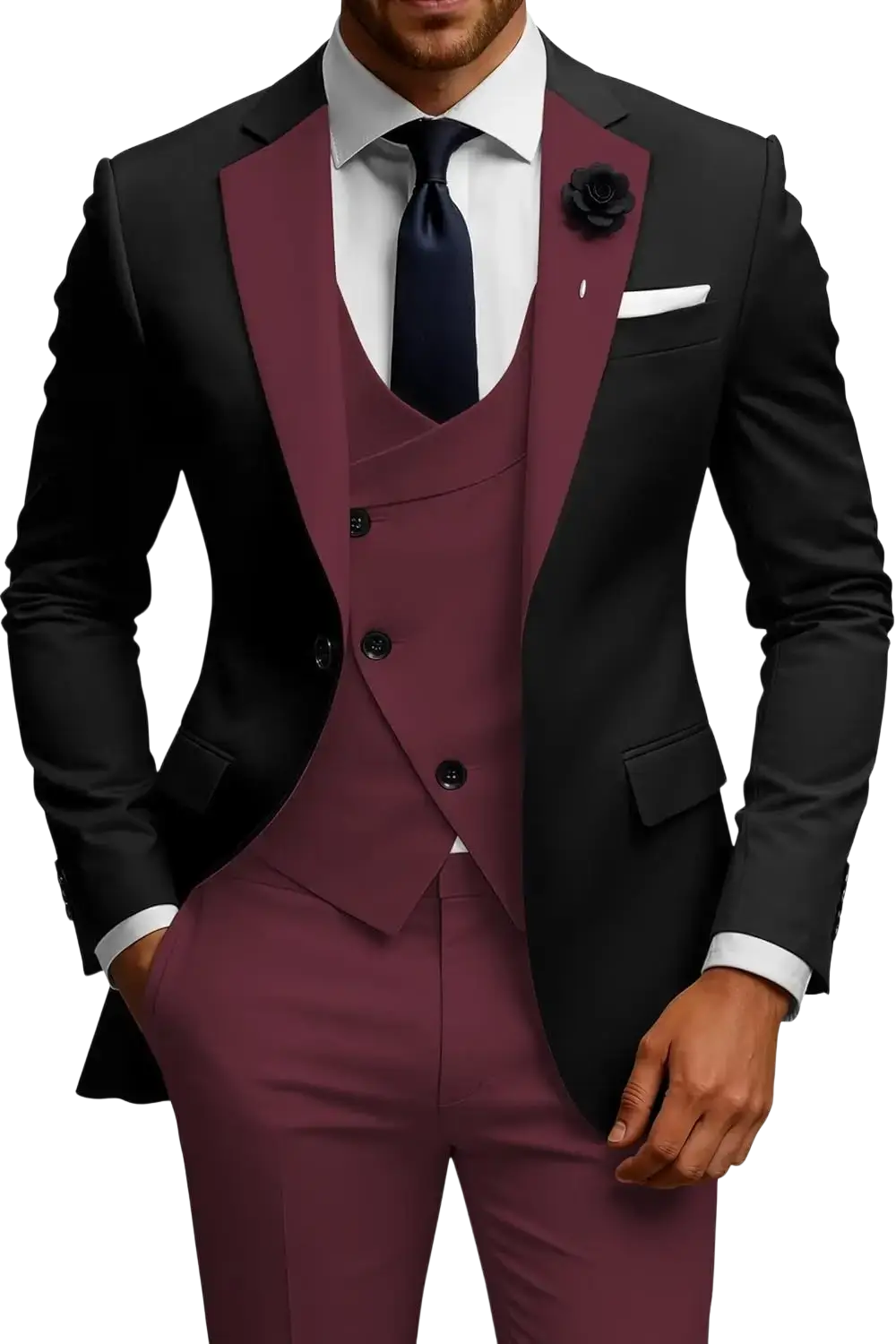 Men slim fit three-piece double breasted suit set in black and burgundy with notched lapels and tailored trousers