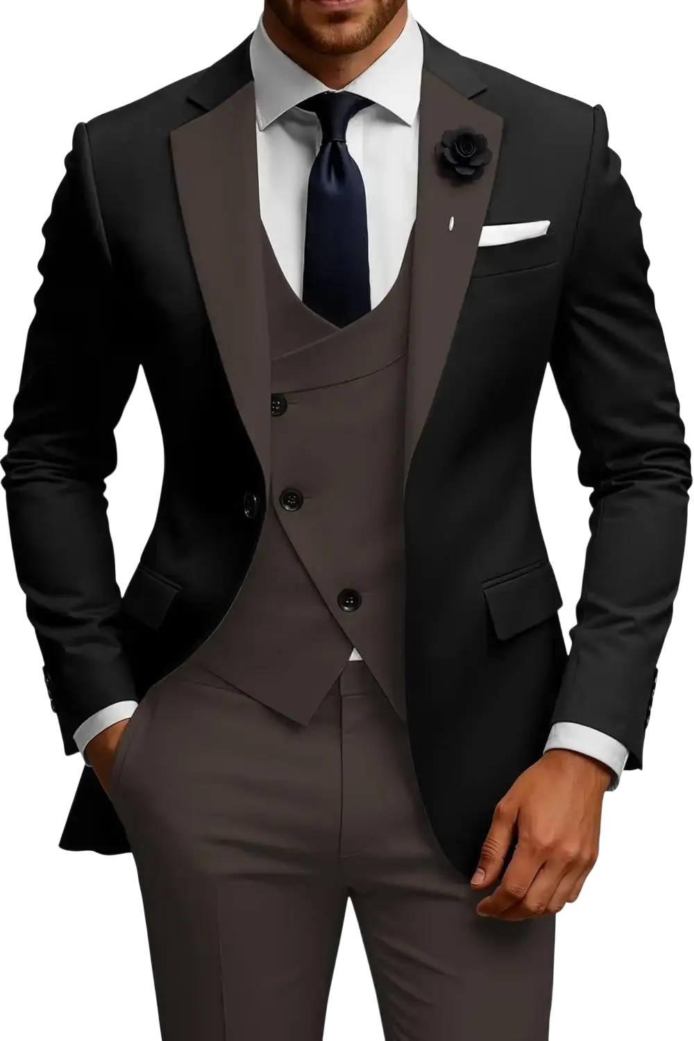 Men slim fit black and charcoal gray three-piece double breasted suit set with notched lapel jacket vest and trousers