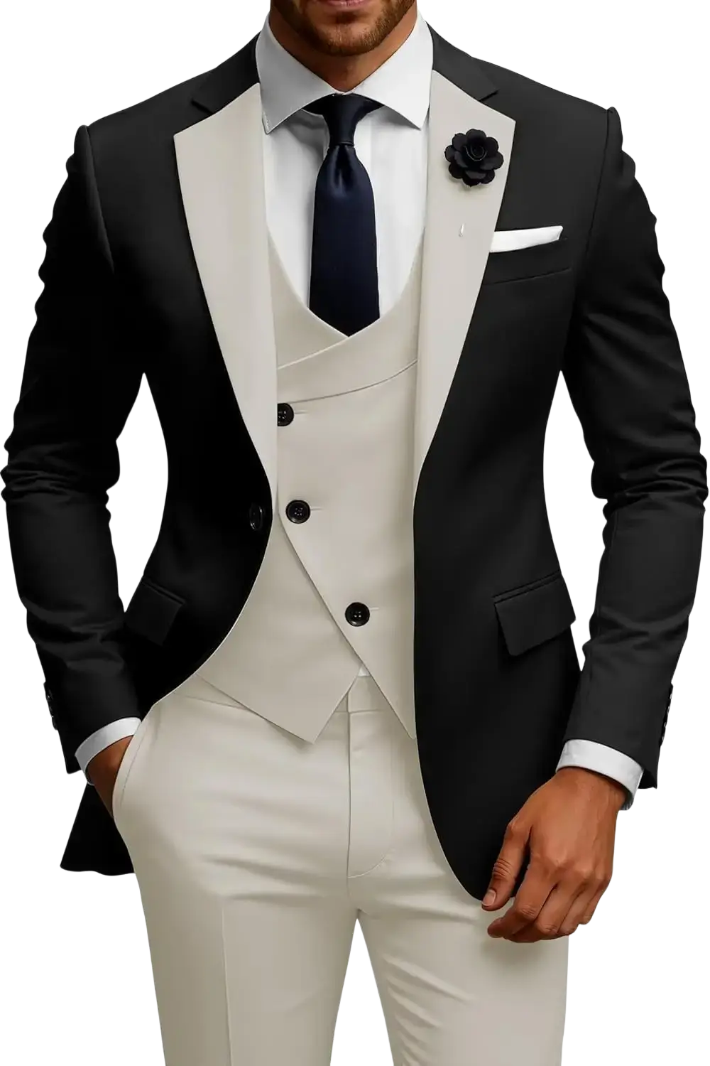 Men slim fit 3 piece double breasted suit set featuring black and cream tuxedo with satin lapels, matching vest, and tailored trousers
