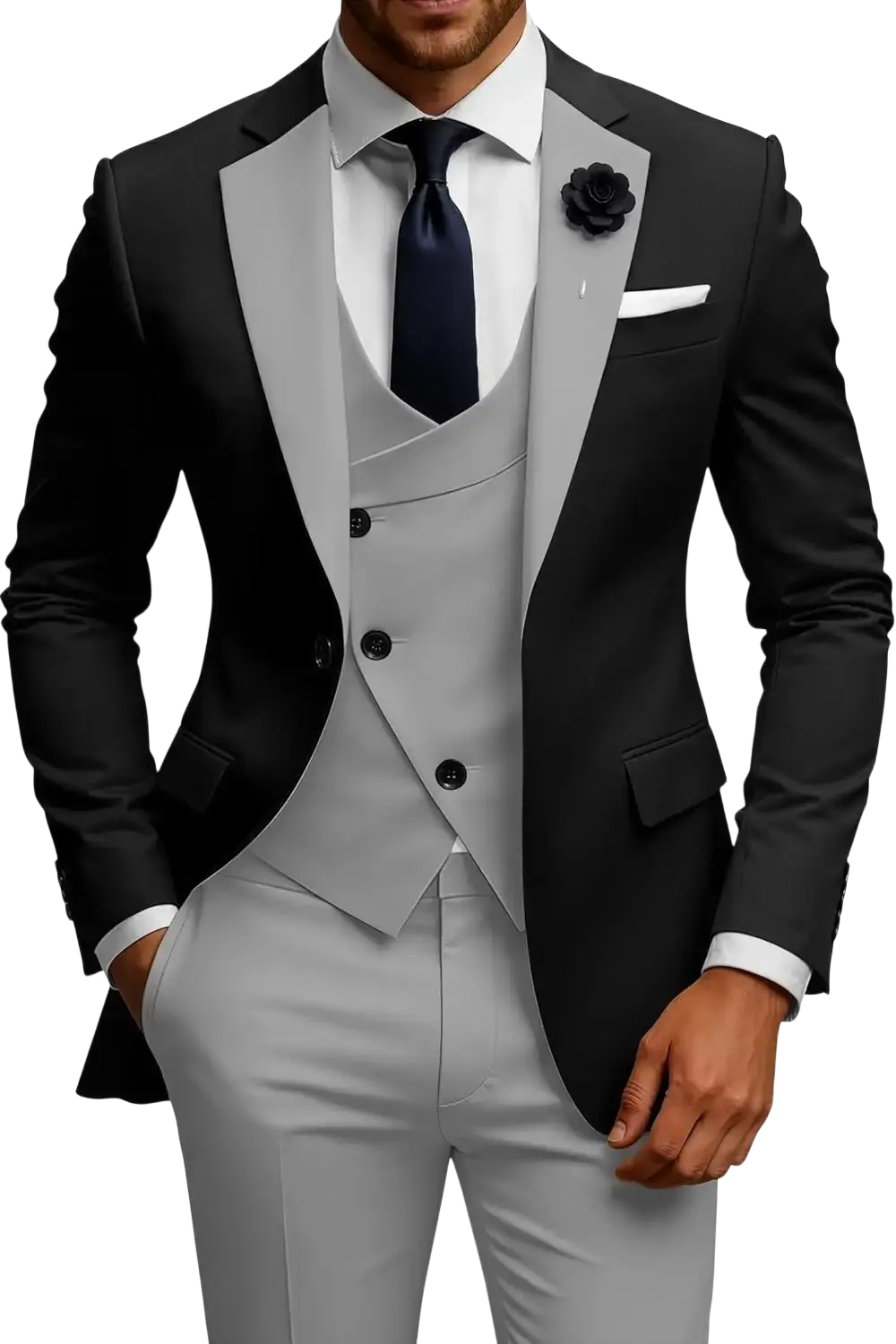 Men slim fit 3 piece double breasted suit set with black and gray two-tone tuxedo suit, satin lapels, matching vest, and light gray trousers