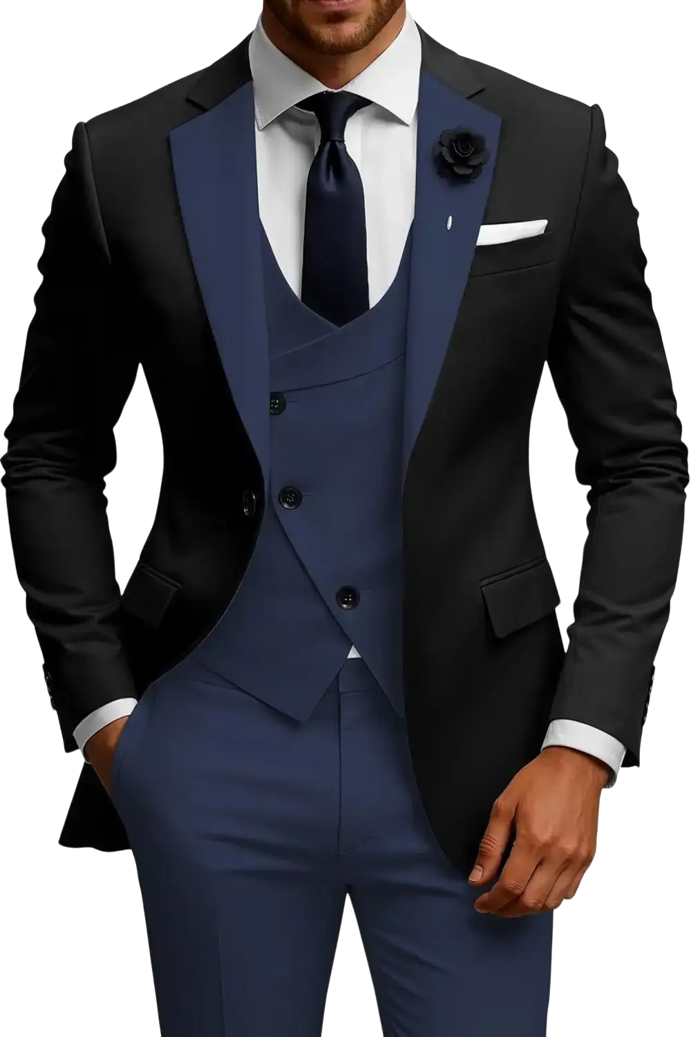 Men slim fit 3 piece double breasted suit set in black and navy blue smooth fabric with tailored notched lapel jacket vest and trousers