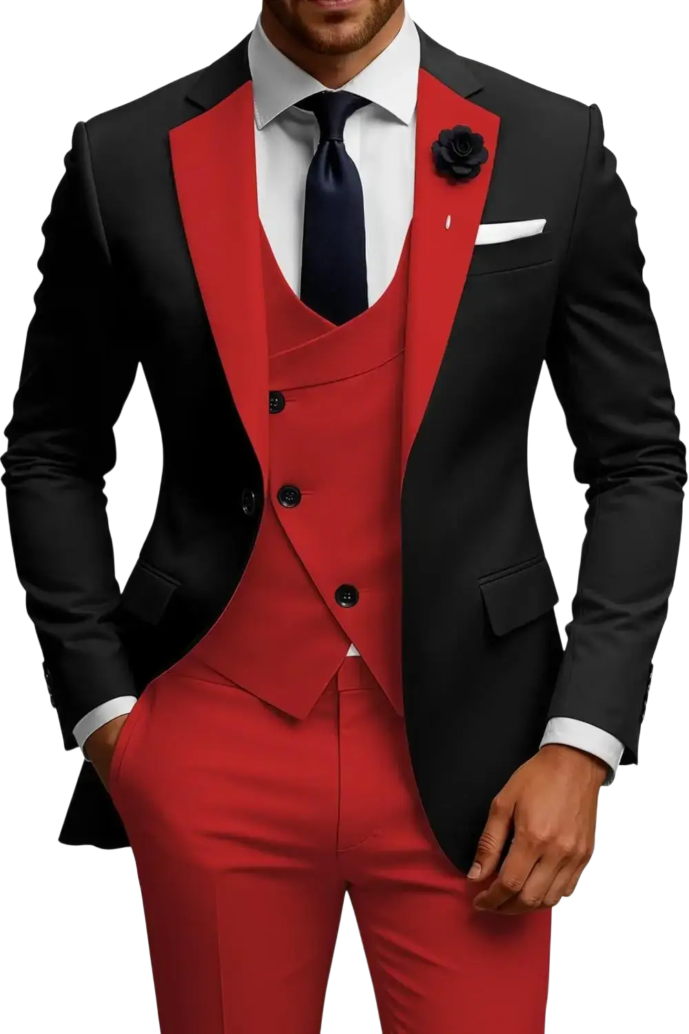 Men slim fit 3 piece double breasted suit set in black and red with tailored blazer vest and trousers