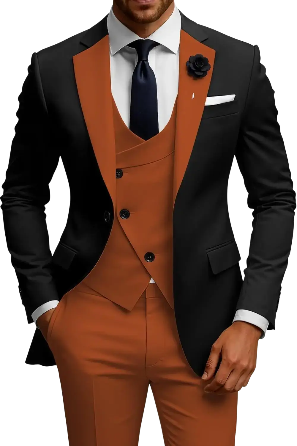 Men slim fit 3 piece double breasted suit set in black and rust orange with notched lapels and tailored trousers