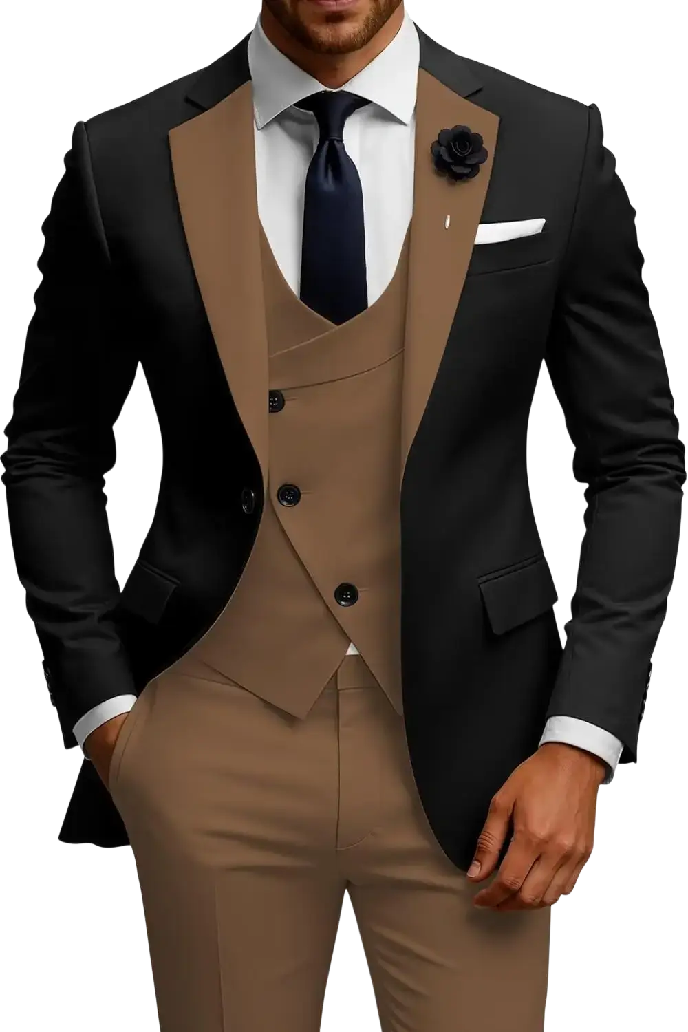 Men slim fit 3 piece double breasted suit set in black and tan two tone with matching vest and tailored trousers