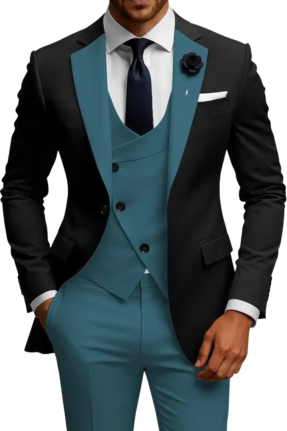 Men slim fit 3 piece double breasted suit set in black and teal with satin lapel detail and matching vest and trousers