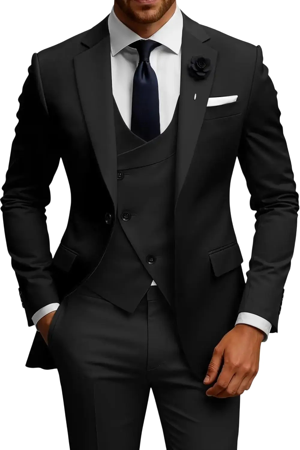 Men slim fit black three-piece double breasted suit set with tailored blazer, matching vest, and smooth fabric trousers