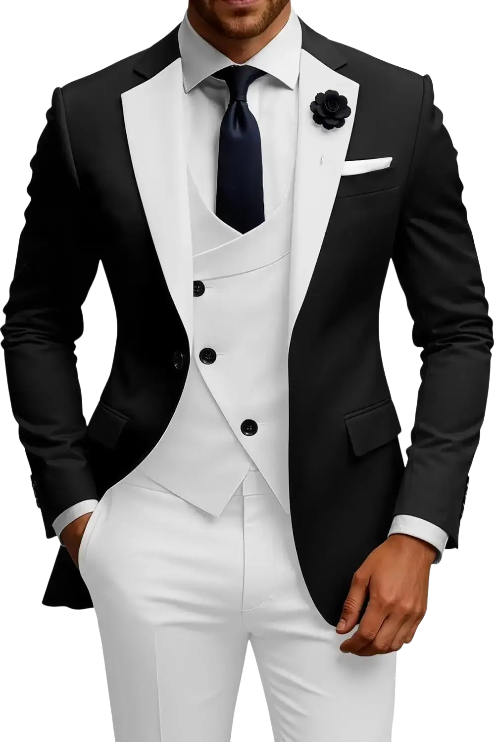 Men slim fit 3 piece double breasted suit set in black and white with satin lapels, matching vest, and white trousers