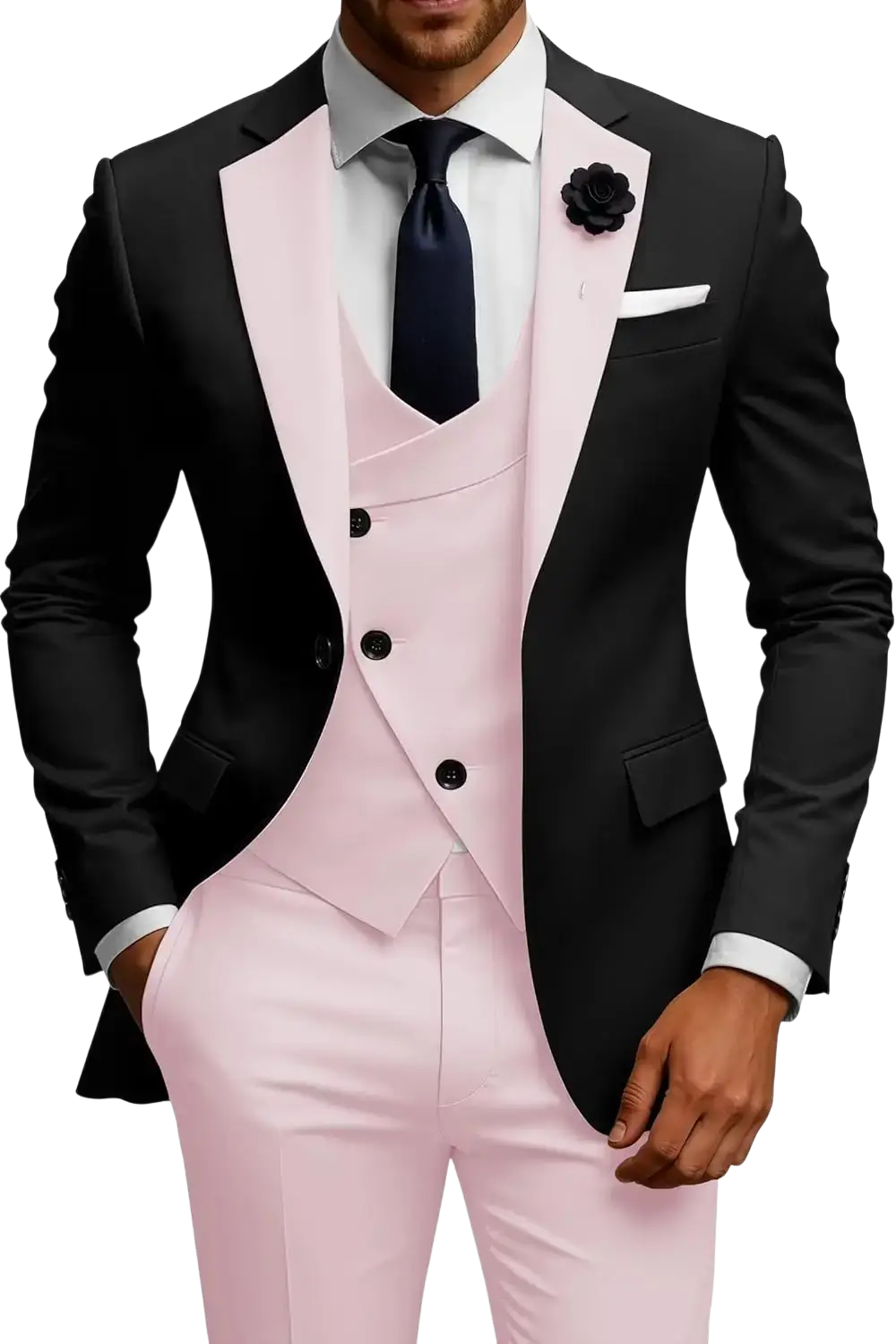 Men slim fit three piece double breasted suit set in elegant black and blush pink with notched lapels and tailored trousers