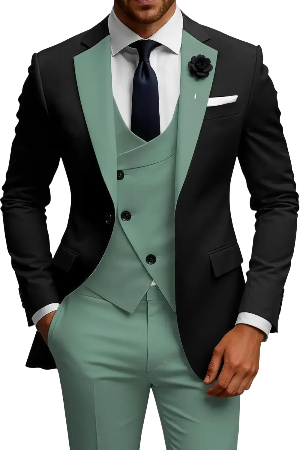 Men slim fit three-piece double breasted suit set in elegant black and mint green with notched lapels and tailored trousers