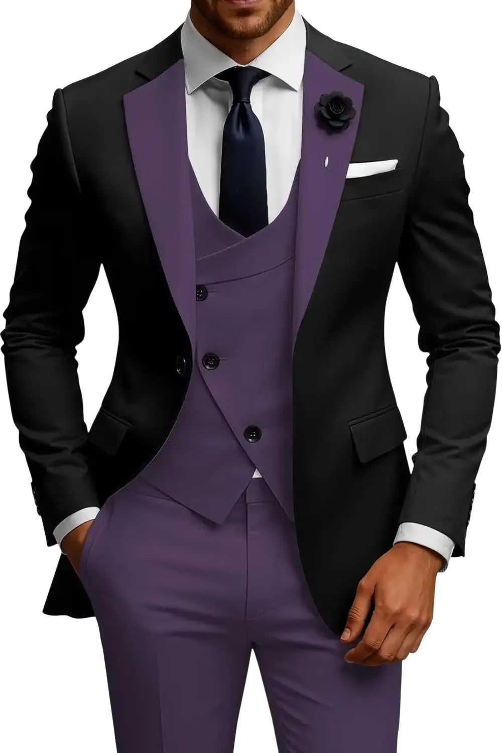 Men slim fit 3 piece double breasted suit set in elegant black and purple with satin lapels and matching vest and trousers