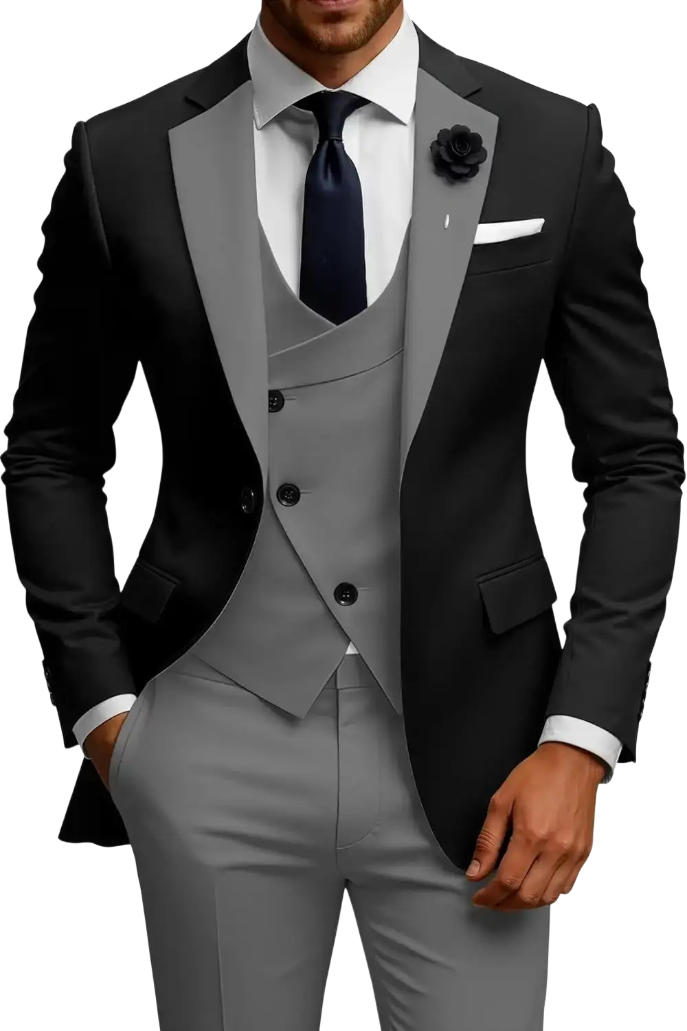 Men slim fit 3 piece double breasted suit set featuring black blazer with gray lapels and charcoal gray vest and trousers