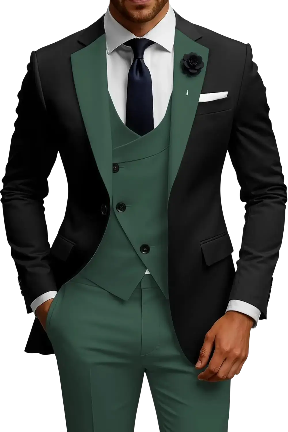 Elegant men slim fit three-piece double breasted suit set in black and forest green with matching buttons and dark blue tie