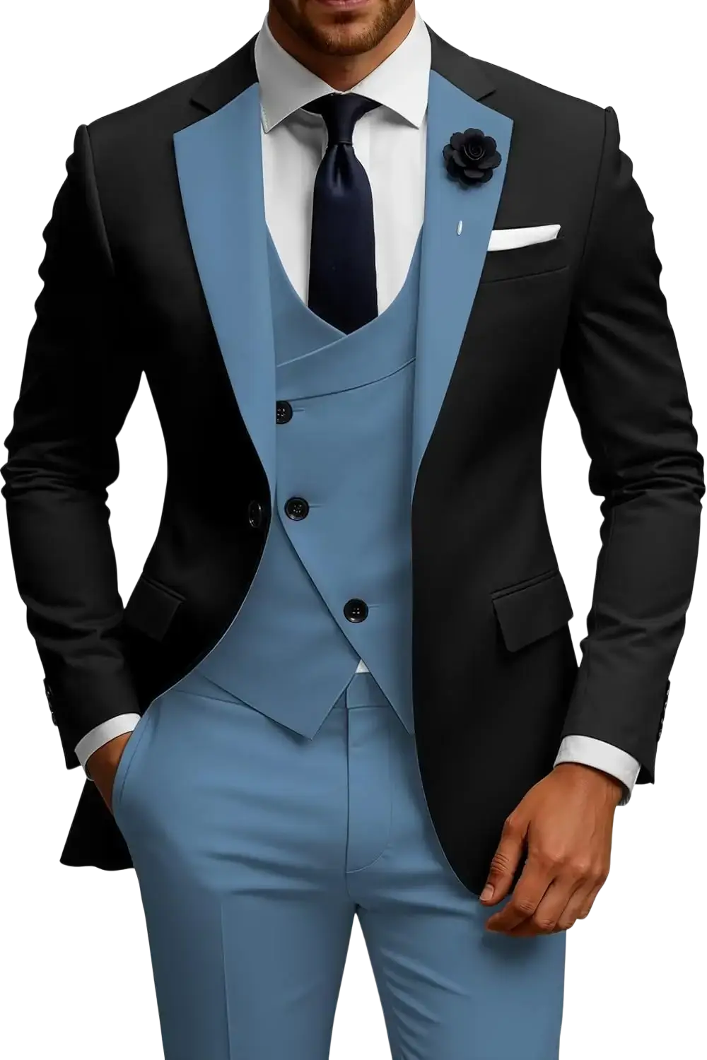 Men slim fit three piece double breasted suit set in sleek black and light blue with tailored blazer vest and trousers