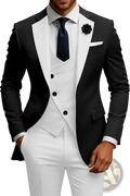 Men slim fit 3 piece double breasted suit set in black and white with satin lapels, matching vest, and white trousers