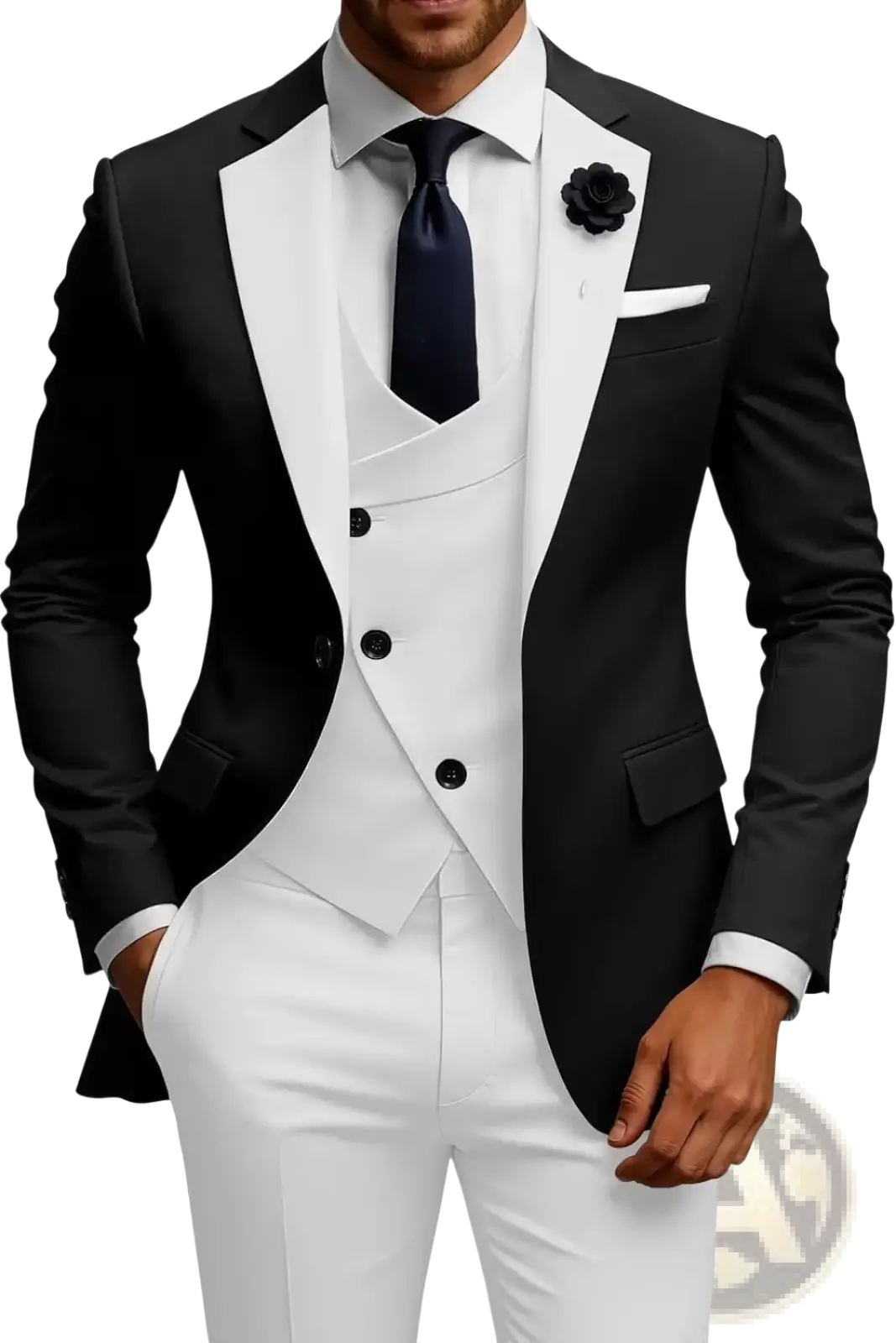 Men slim fit 3 piece double breasted suit set in black and white with satin lapels, matching vest, and white trousers