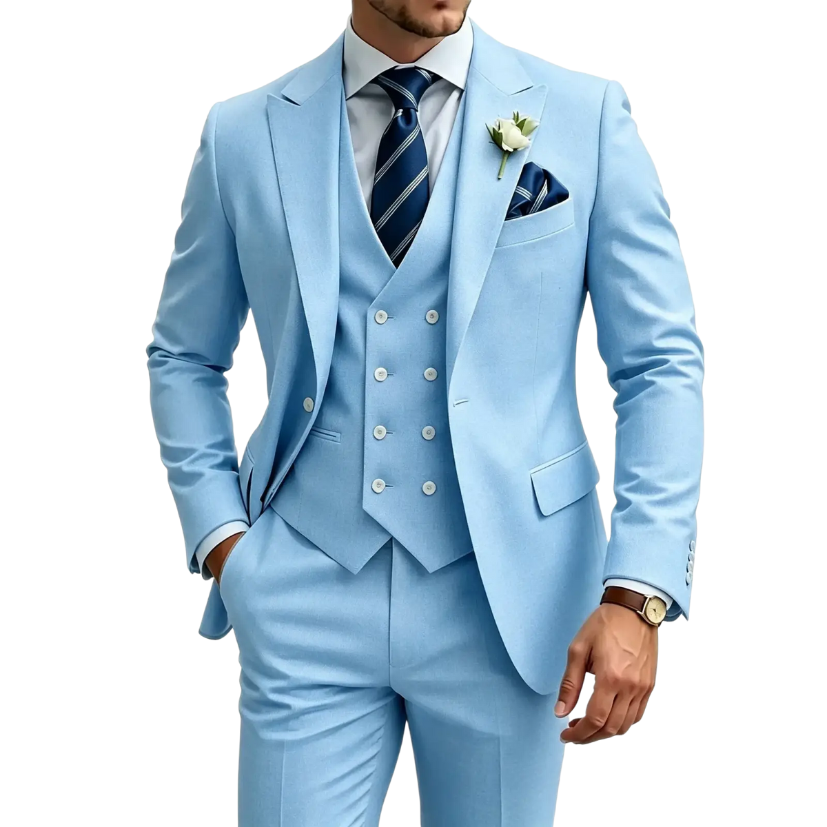 Men slim fit light blue three-piece suit with subtle texture and single breasted closure for elegant tailoring
