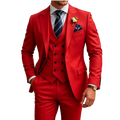 Men slim fit 3 piece suit in vibrant red with sleek tailored fit and single breasted closure featuring five black buttons