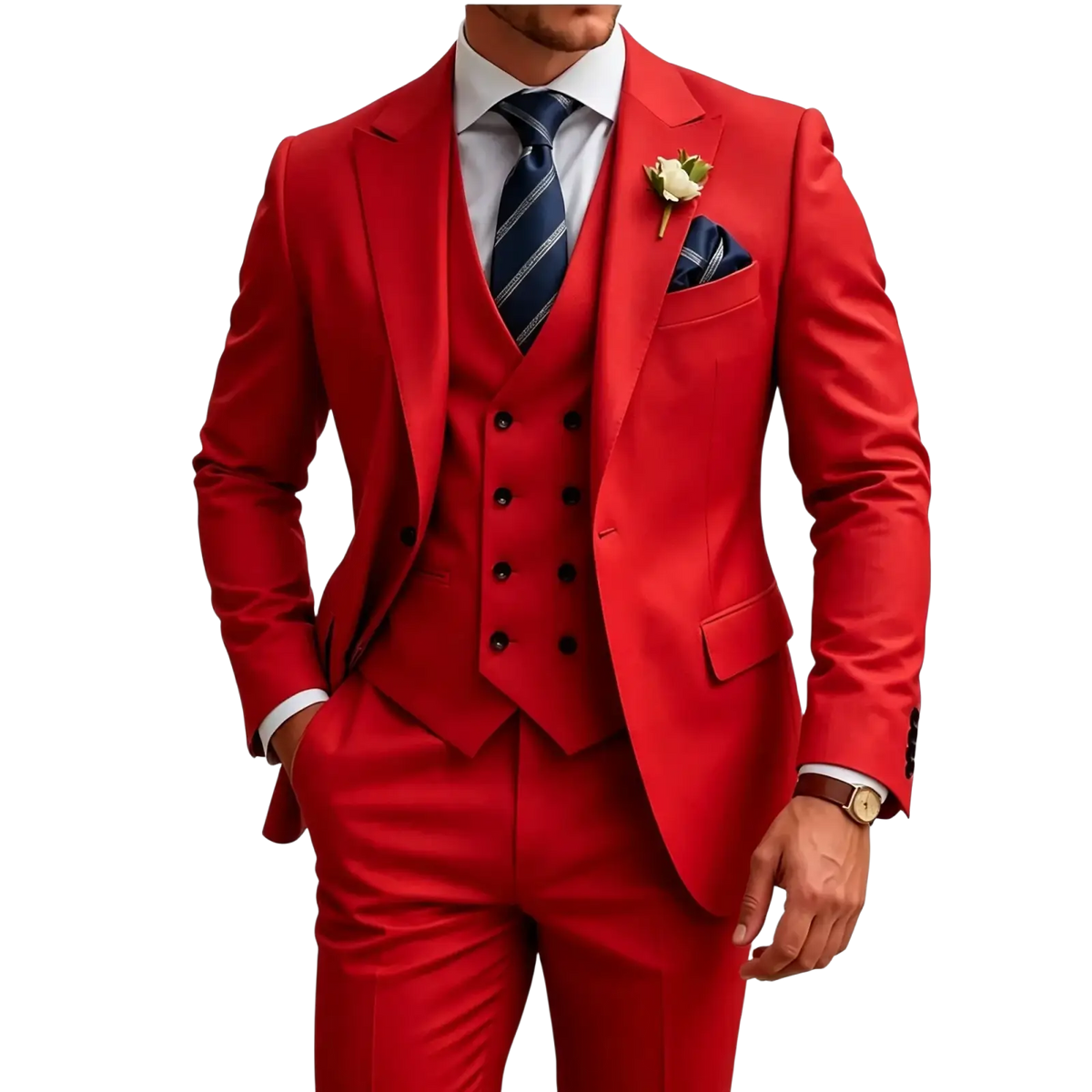 Men slim fit 3 piece suit in vibrant red with sleek tailored fit and single breasted closure featuring five black buttons