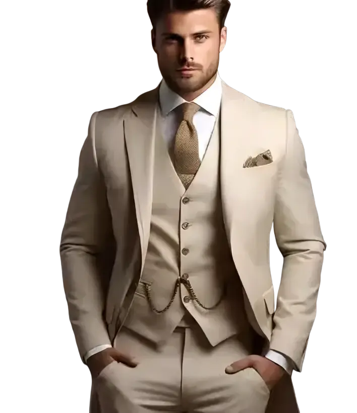 Beige men slim fit 3 piece suit standard size with textured weave vest trousers and gold toned tie for drop shipping