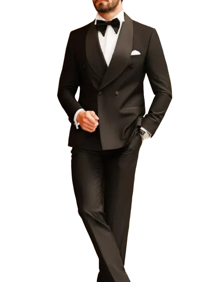 Black double-breasted tuxedo with satin lapels and bow tie in standard size for men slim fit 3 piece suit drop shipping