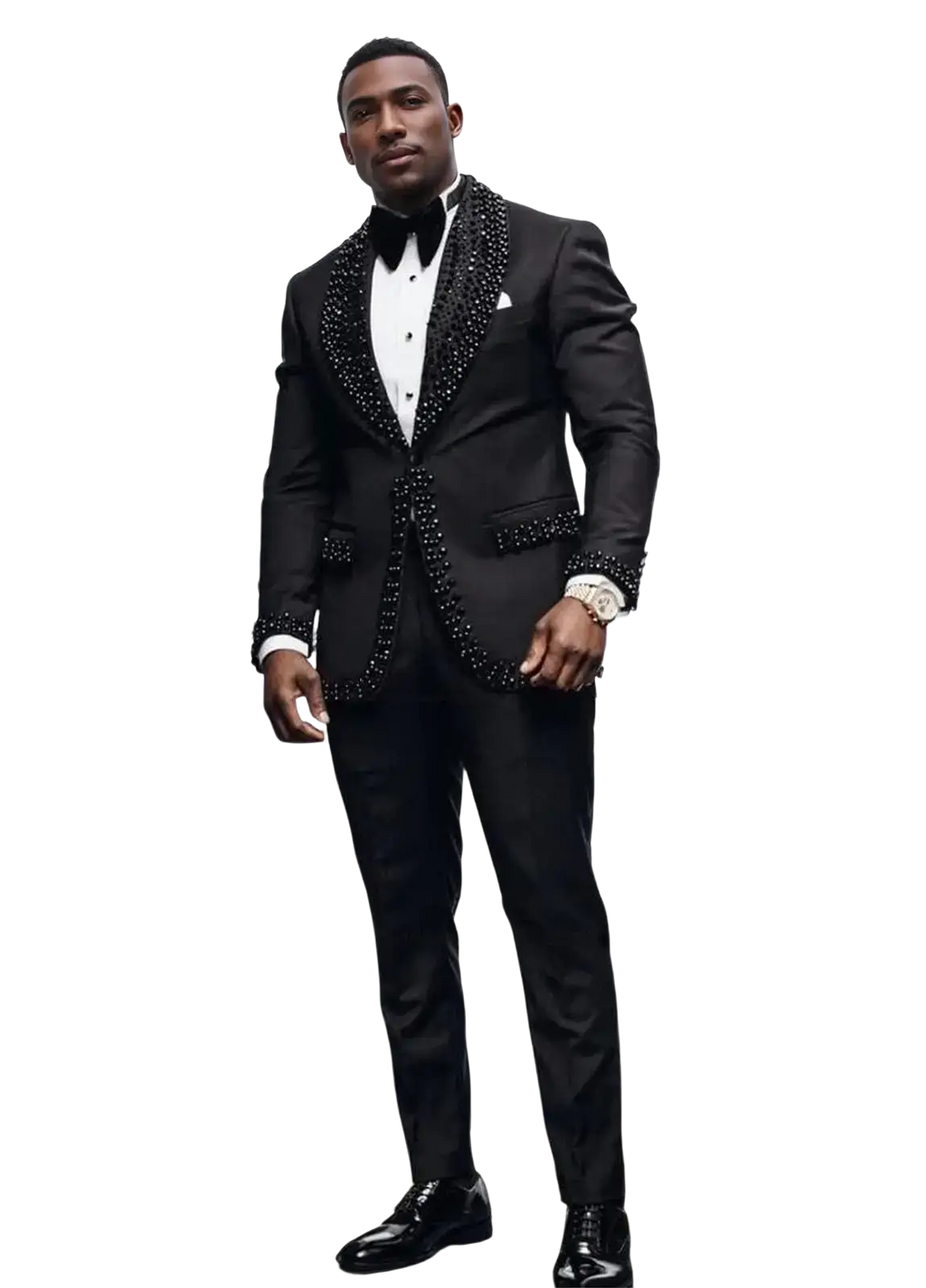 Black tuxedo with beaded lapels and cuffs in men slim fit 3 piece suit standard size for drop shipping and body measurements