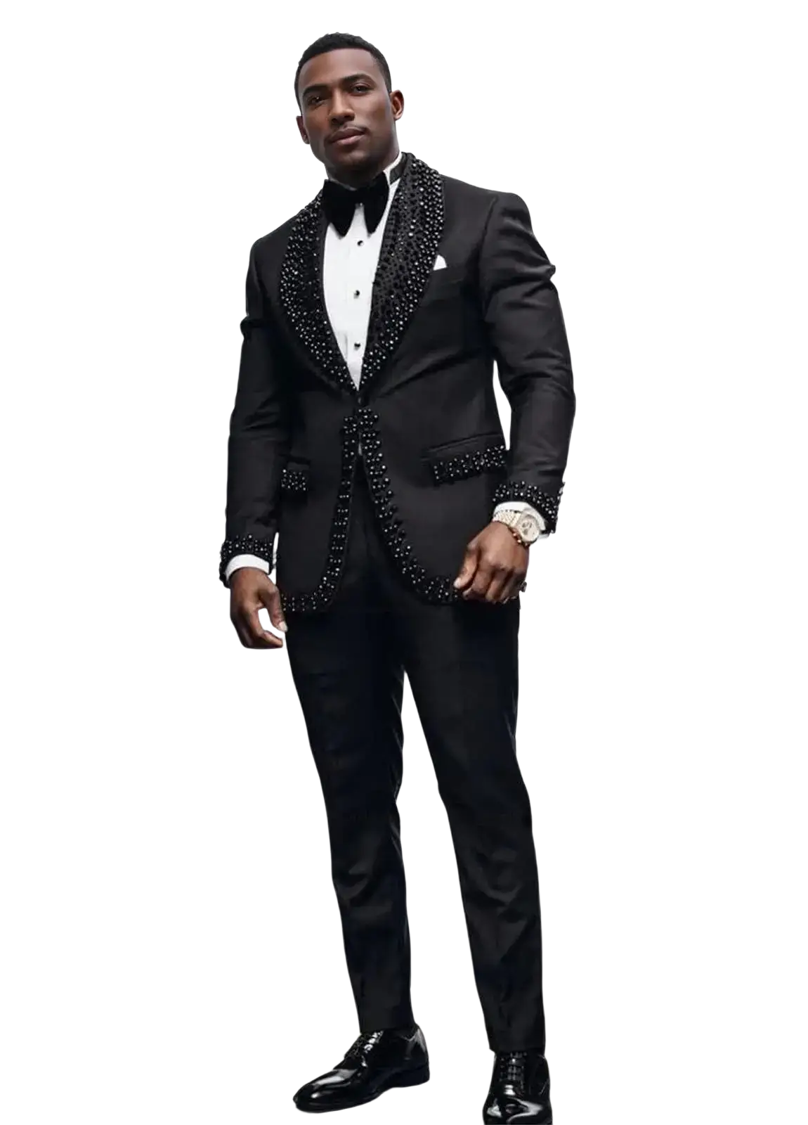Black tuxedo with beaded lapels and cuffs in men slim fit 3 piece suit standard size for drop shipping and body measurements