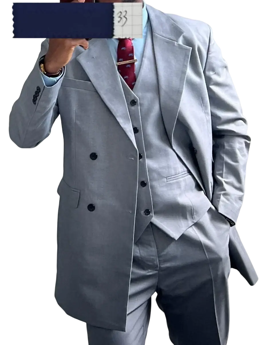 Men slim fit 3 piece light gray suit with black buttons and matching vest in standard size for accurate body measurements and drop shipping