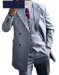 Men slim fit 3 piece light gray suit with black buttons and matching vest in standard size for accurate body measurements and drop shipping
