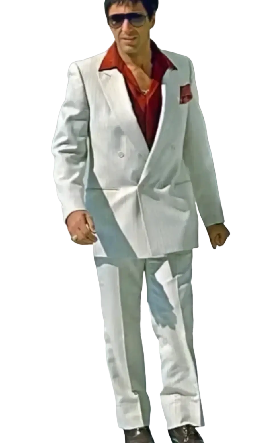 A man wearing a men slim fit 3 piece white double-breasted suit with red shirt and pocket square in standard size