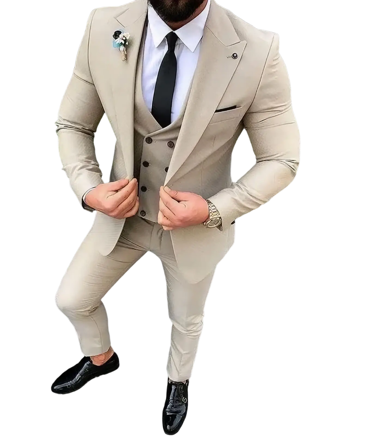 Men slim fit beige three-piece wedding suit with tailored fit single-breasted jacket and matching vest