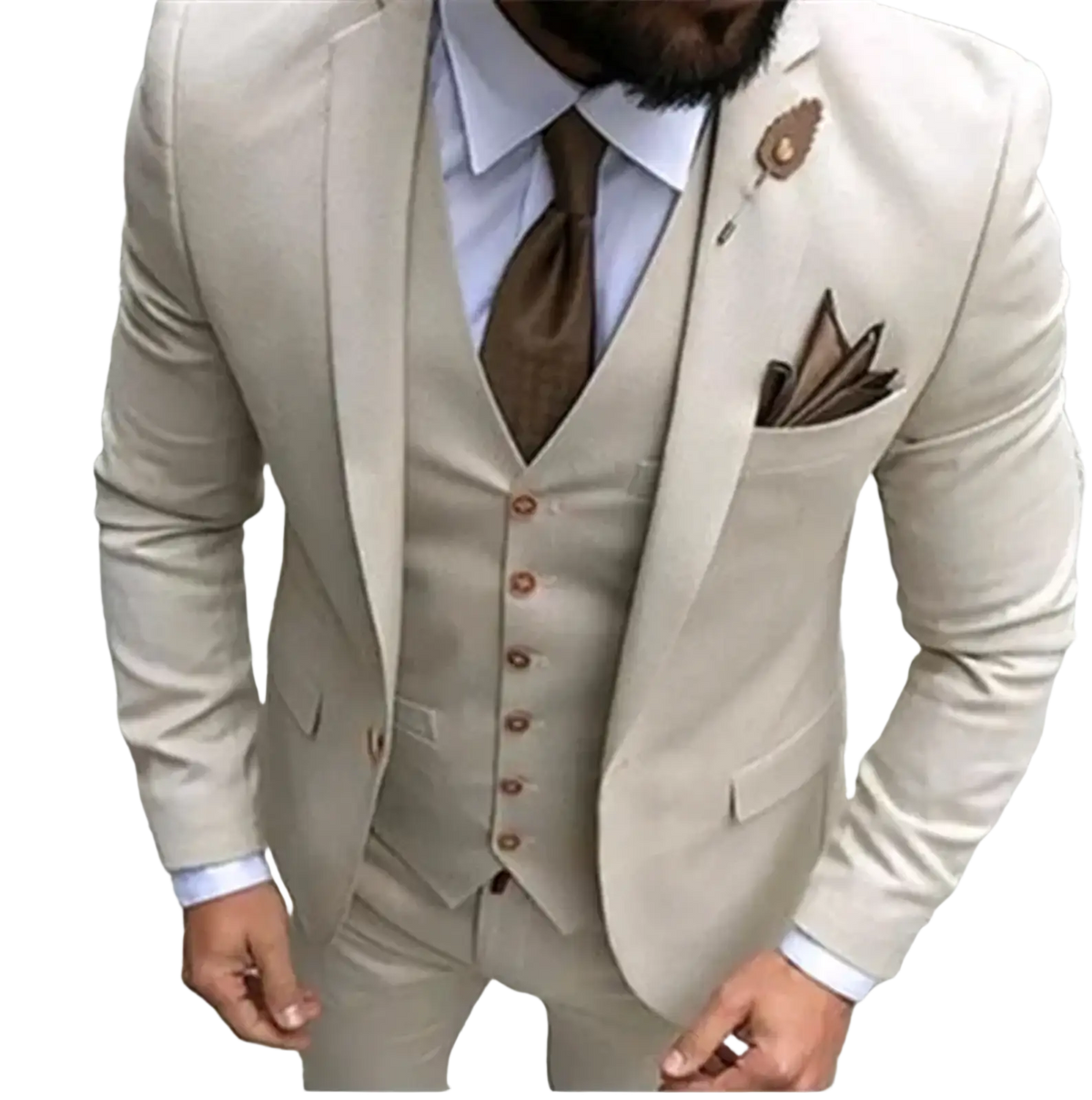 Men slim fit 3-piece wedding suit in beige with matching vest and trousers brown buttons and pocket square