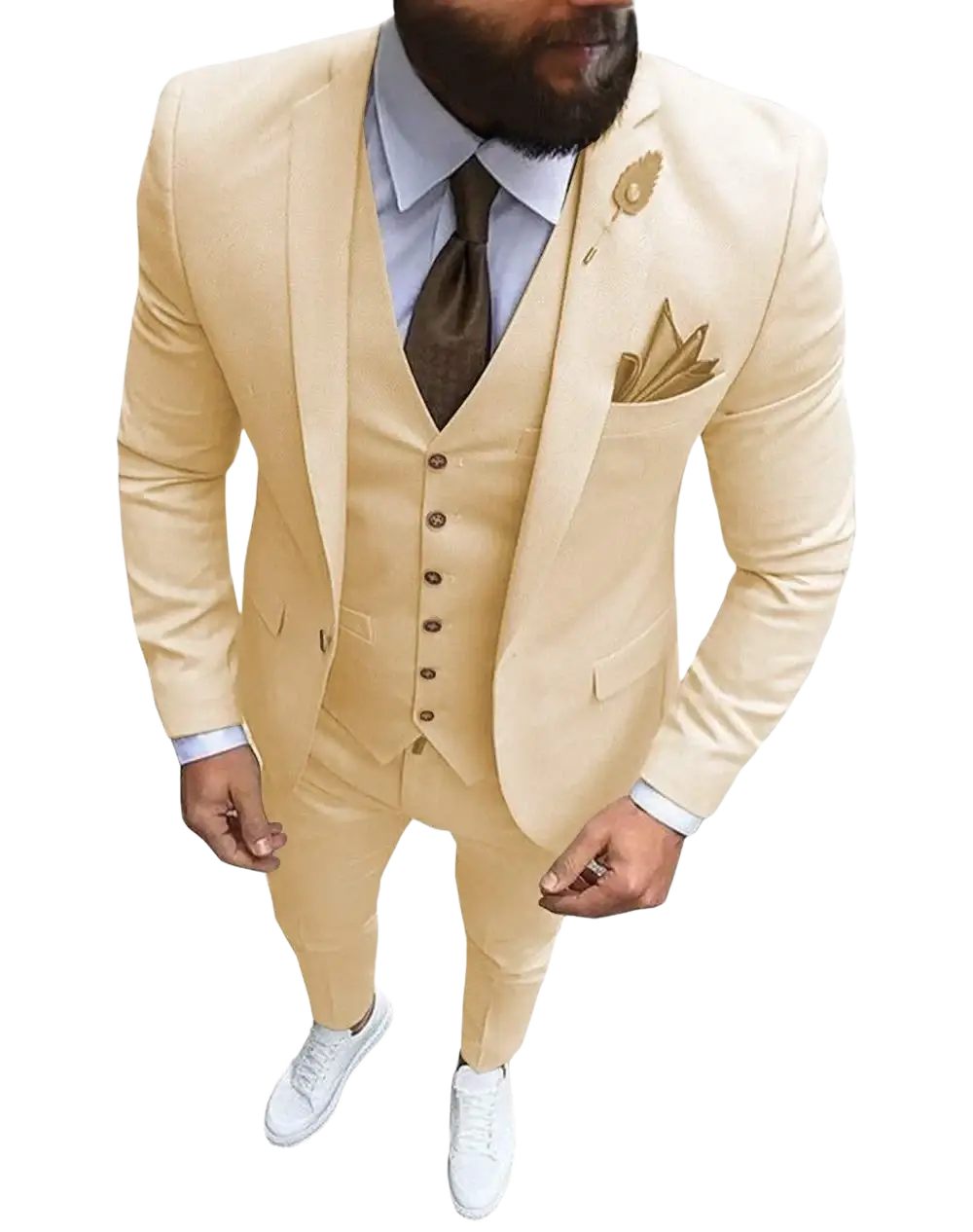 Men slim fit beige three-piece wedding suit with matching vest and trousers featuring subtle gold floral embroidery on lapel and pocket square