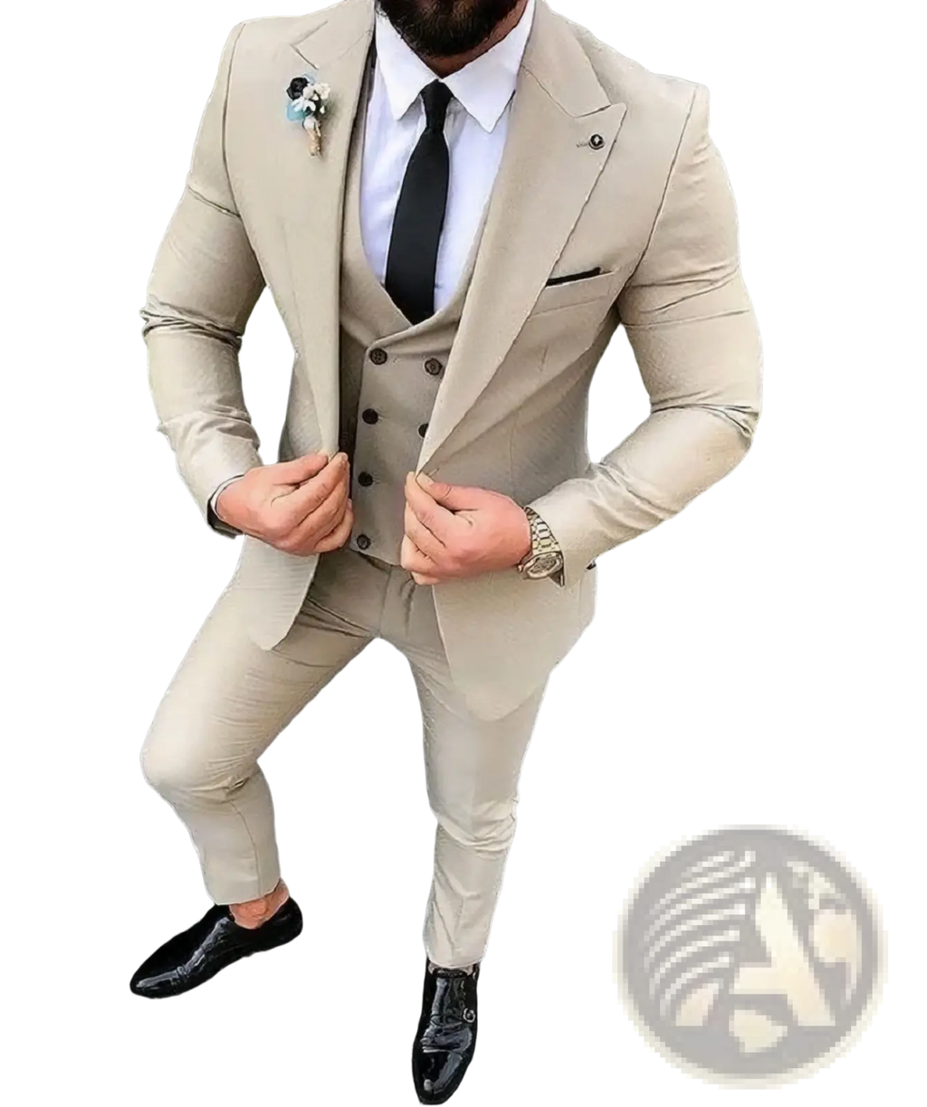 Beige slim fit three-piece wedding suit with tailored single-breasted jacket and matching vest in premium fabric
