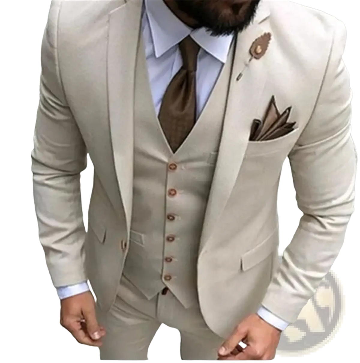 Men slim fit beige three-piece wedding suit with matching vest and trousers featuring brown buttons and pocket square