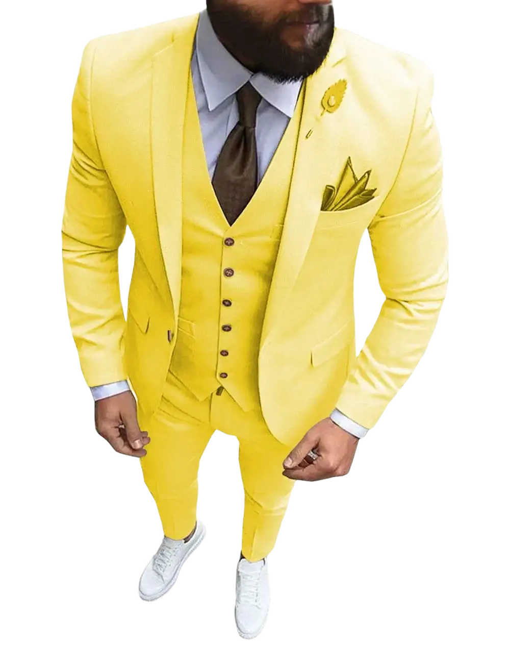 Men slim fit three-piece wedding suit in bright yellow with matching vest trousers brown buttons and leaf-patterned pocket square