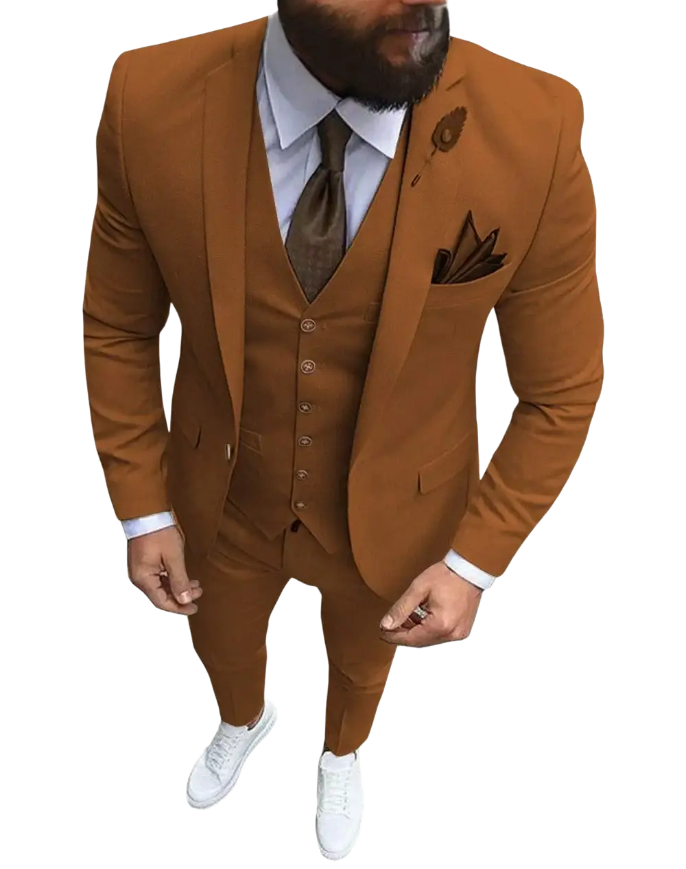Men slim fit brown three-piece wedding suit with matching textured vest and trousers in classic design