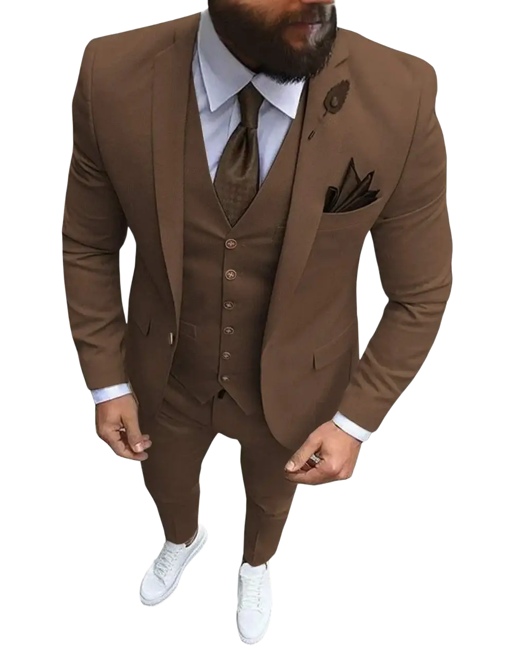 Men slim fit 3-piece wedding suit in brown with subtle texture, matching vest, trousers, and dark brown tie