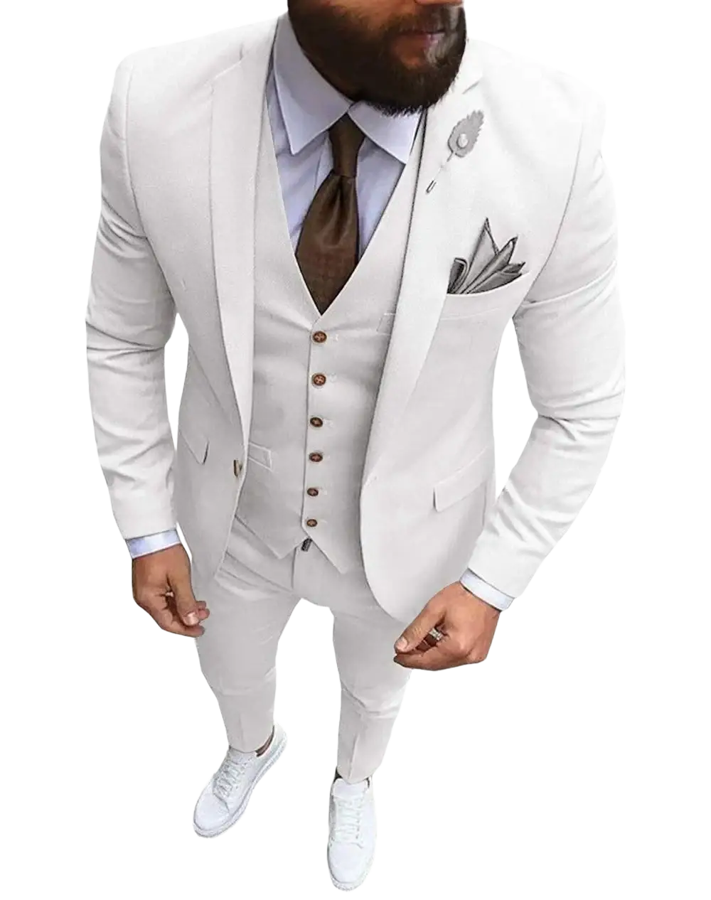 Men slim fit 3-piece wedding suit in crisp white with tailored fit matching buttons and subtle texture