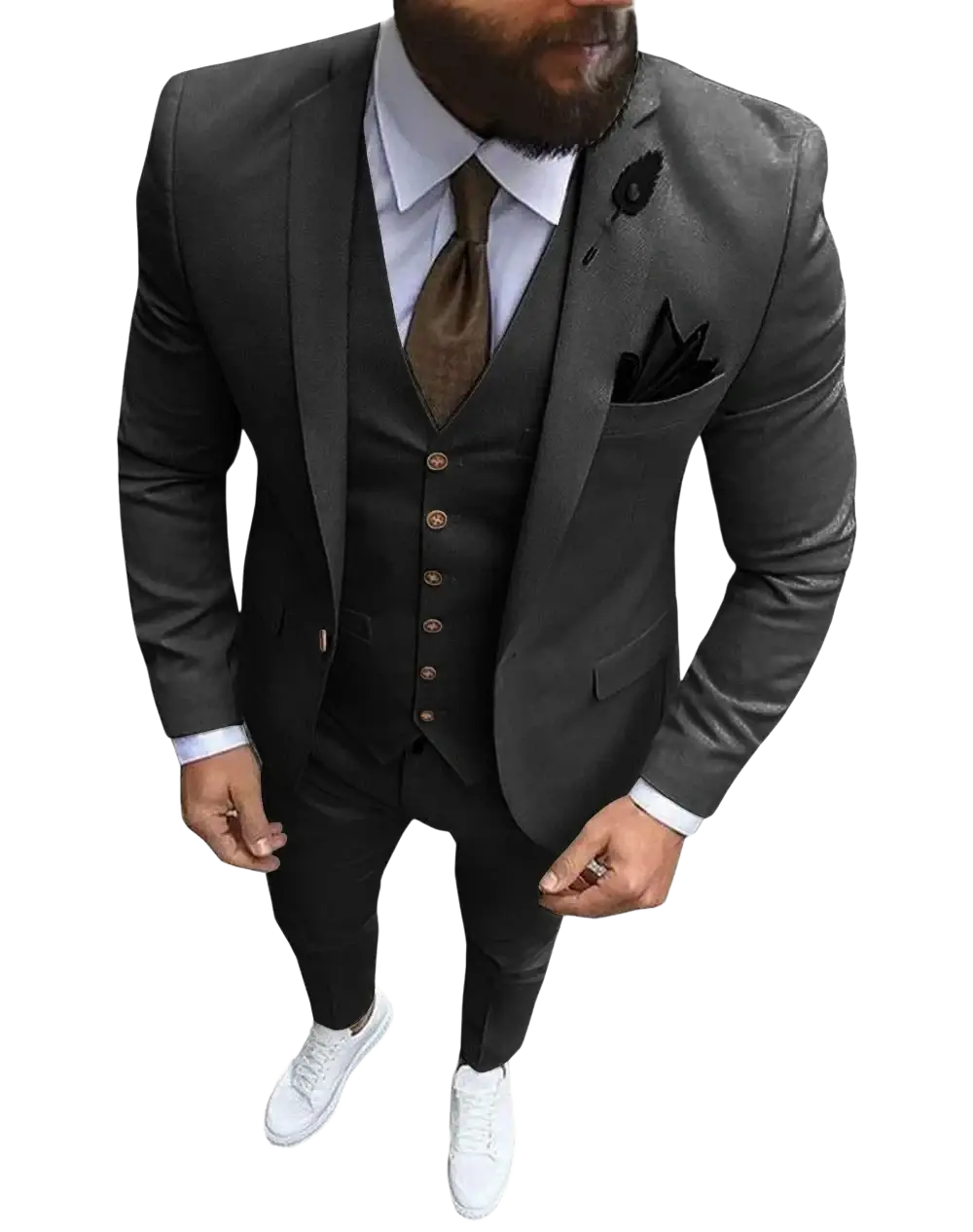 Men slim fit three-piece wedding suit in dark gray with subtle sheen featuring matching vest trousers bronze buttons and floral boutonniere