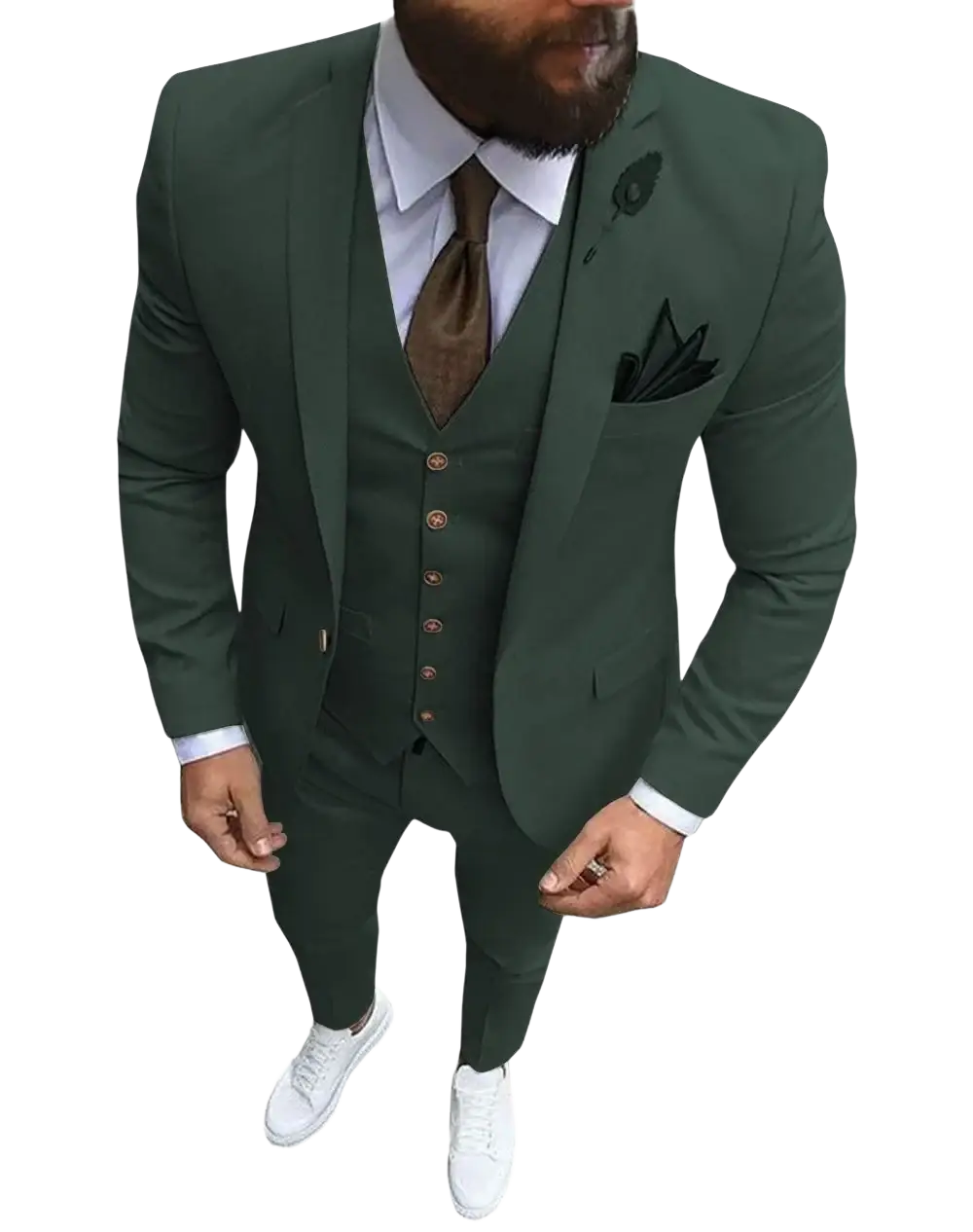 Men slim fit dark green three-piece wedding suit with matching vest and trousers featuring subtle fabric sheen