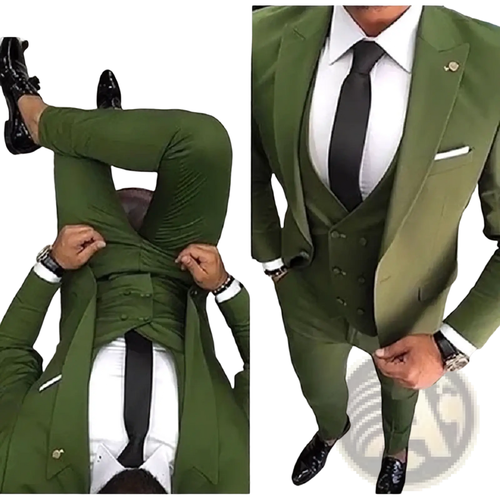 Men slim fit 3-piece olive green wedding suit with white shirt and black tie for formal occasions
