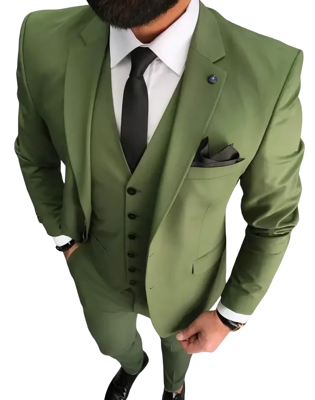 Men slim fit 3-piece wedding suit in olive green with black tie and pocket square for formal occasions
