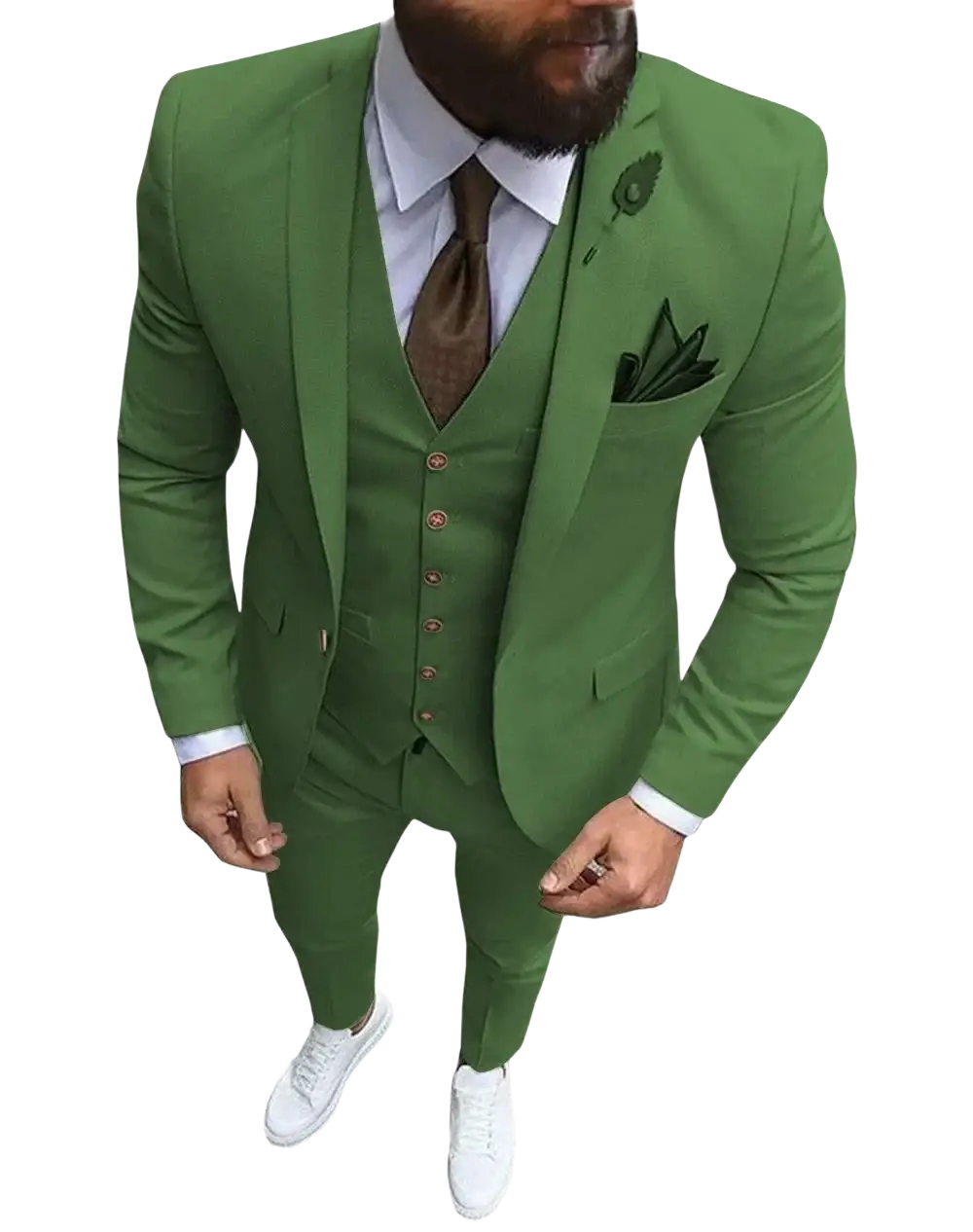 Men slim fit 3-piece wedding suit in green with matching vest and trousers featuring subtle leaf pattern on lapel and pocket square