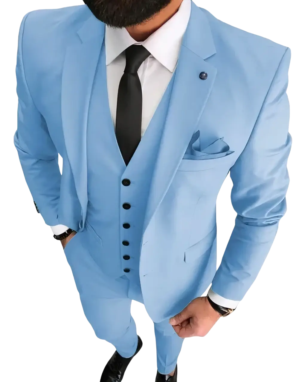 Men slim fit three-piece wedding suit in light blue with tailored fit black buttons and matching pocket square